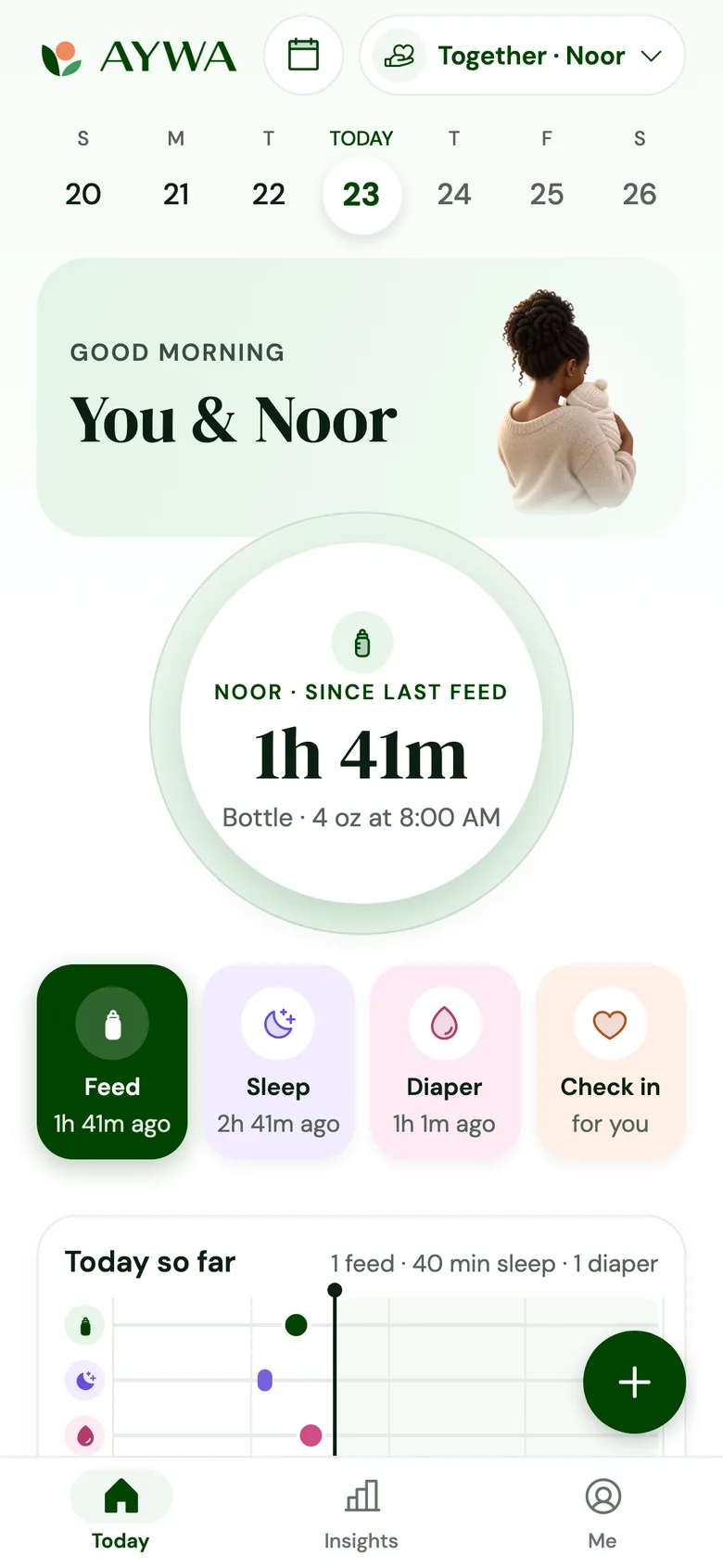 AYWA’s Today screen for a parent and baby: time since the last feed and one-tap logging.
